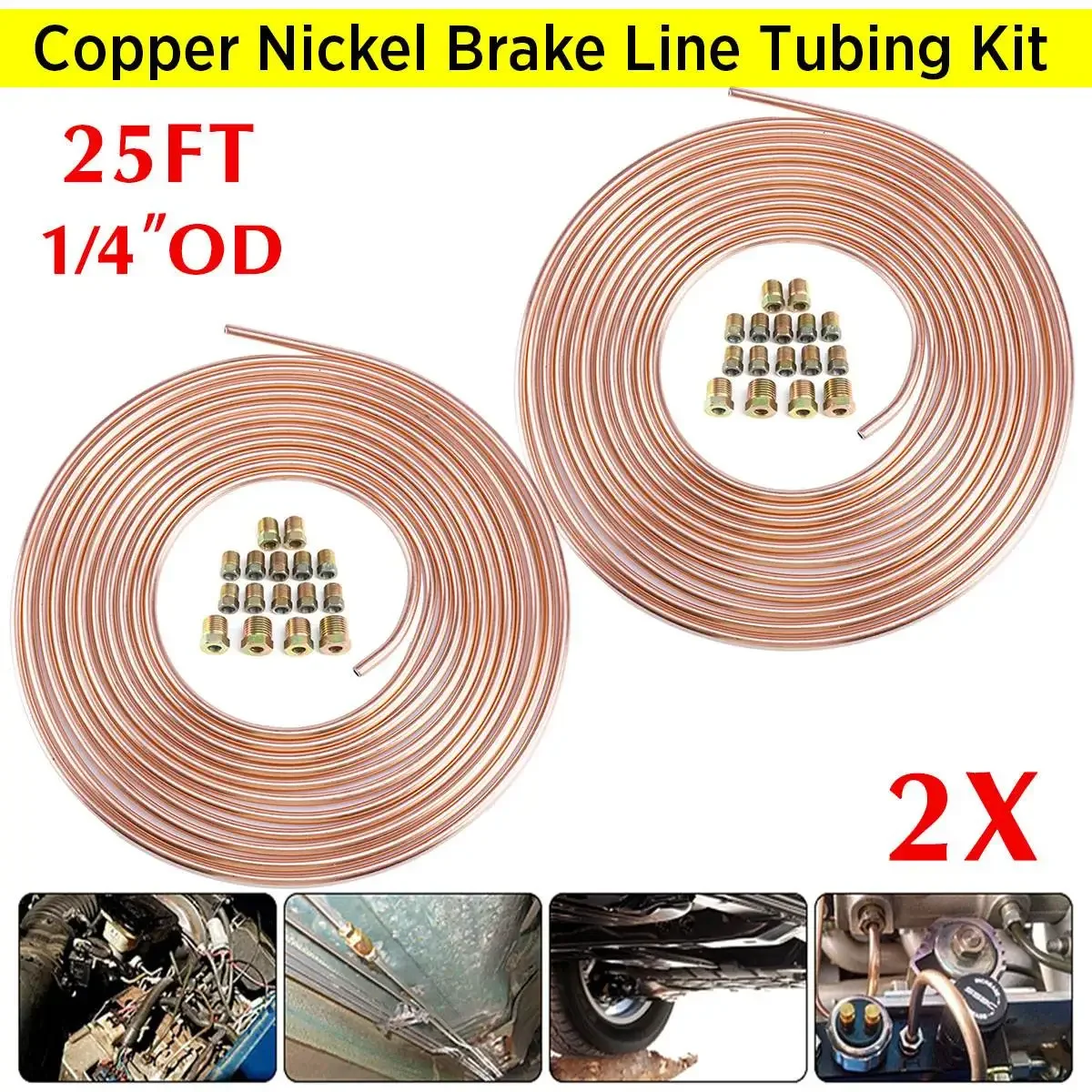 

25ft 7.62m Copper Steel Roll Tube Coil 1/4" OD Copper Wire Hose Line Piping Tube Tubing Anti-rust w/16pcs Tube Nuts