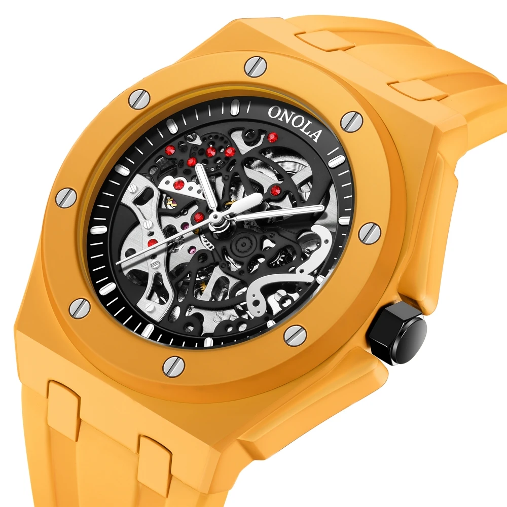 New hollowed out fully automatic mechanical watch for men, ONOLA fashion multi-color silicone tape waterproof watch view 6