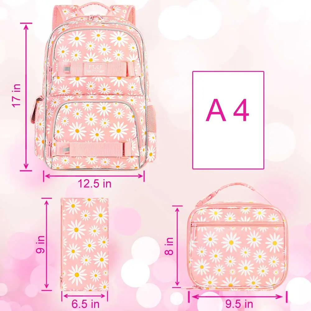 3PCS Daisy Girls Backpack, 17 Inch Laptop School Bookbag Teen College Water Resistant Kids Backpacks with Lunch Box Set - Pink