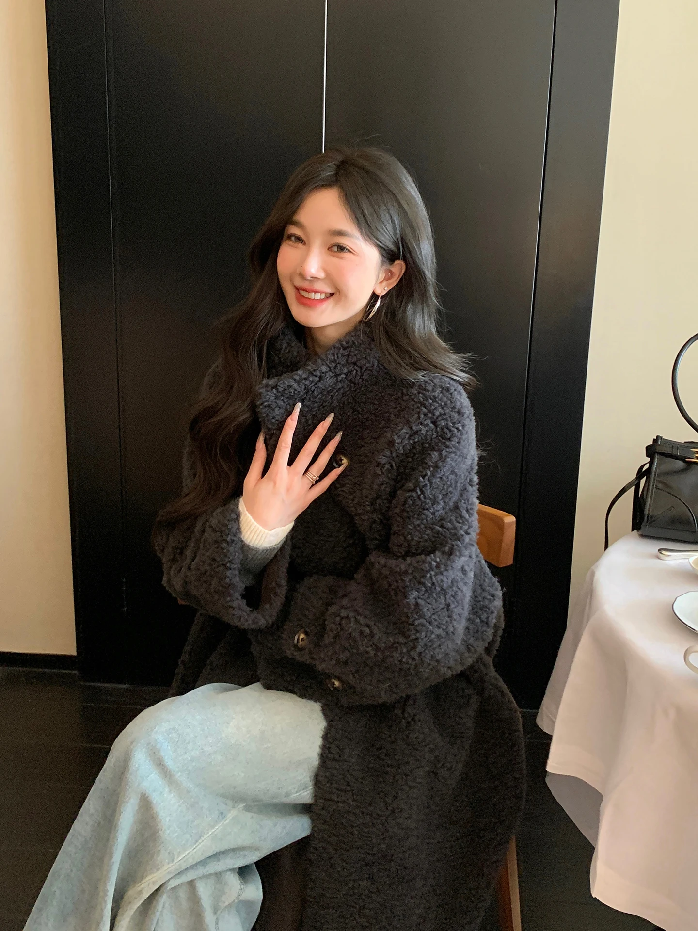 

Женское свободное пальто из овечьей шерсти и кожи, осенне-зимнее, новое, теплое, шерстяное пальто в стиле оверсайз