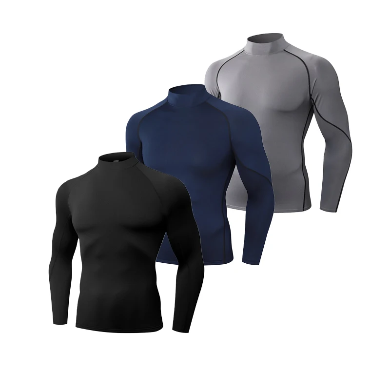 3 Pack Men Mock Neck Long Sleeve T‑Shirt Breathable Quick Dry High Elastic Base Layer Top Autumn Winter For Running Gym Fitness