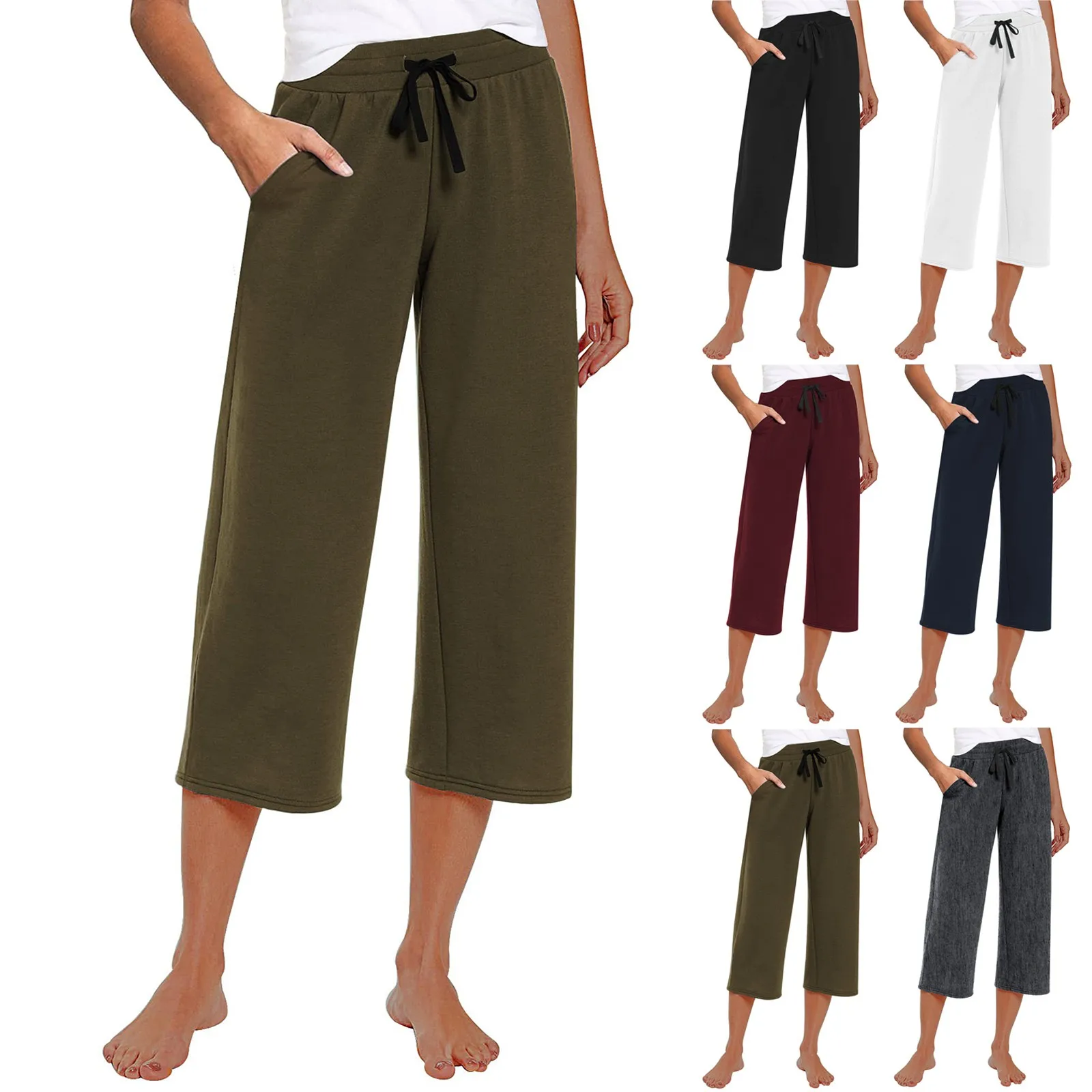 Women's Casual Pants Straight-leg Cropped Pants High Waist Drawstring Comfortable Casual Thin Wide Leg Cropped Pants