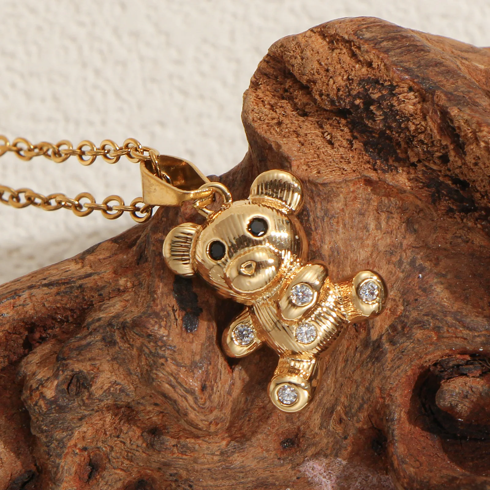 Golden Teddy Bear Zircon Pendant Necklace Adjustable Chain Jewelry Gift for Women Girls