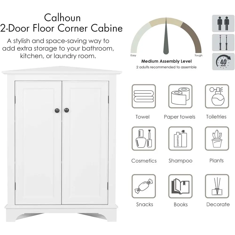 خزانة زاوية بيضاء مع أبواب وأرفف لتخزين الحمام وغرفة المعيشة