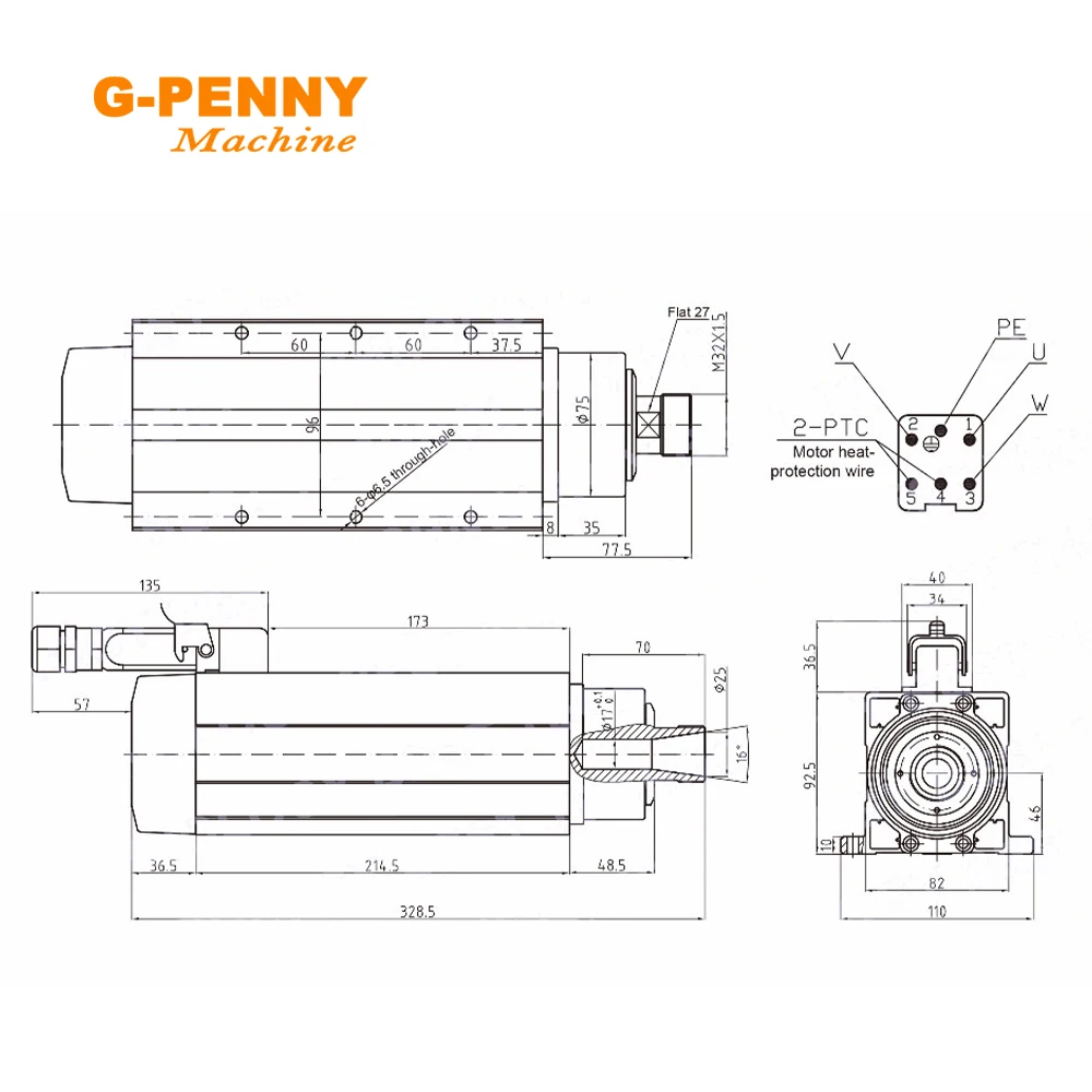 G-Penny 4kw ER25 air cooled spindle motor 220v/380v square type with 4KW HuanYang Inverter for wood working