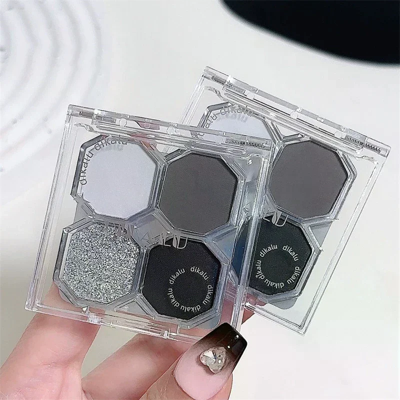 DIKALU 4-Color Punk Smokey Matte Glitter Eyeshadow Palette Shimmer Eye Shadow Makeup Palette Cool Toned Gray Black Eye Palette