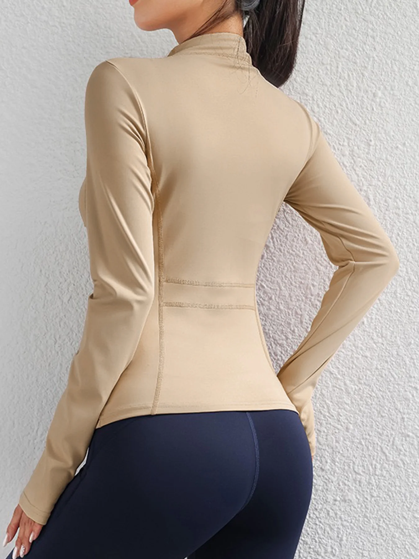 Women's new solid color slim fit long sleeved yoga running sports jacket round neck short top