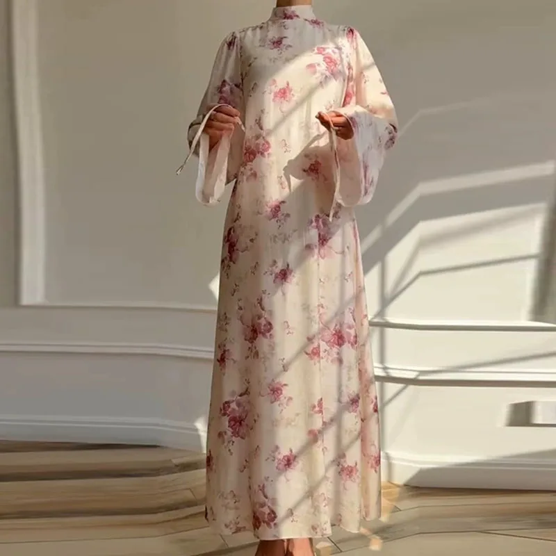 เดรสยาวพิมพ์ลายดอกไม้สไตล์โบฮีเมียนทรงหลวม แขนยาว แฟชั่นฤดูใบไม้ร่วง คอปกสูงครึ่งตัว เหมาะสำหรับวันพักผ่อน