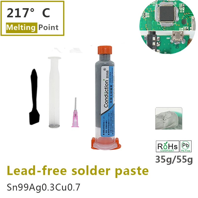 

Needle-tube Lead-Free Solder Paste 217℃ Sn96.5Ag0.3Cu0.7 Repair Tin Soldering Paste BGA PCB Repair Welding Paste 35/55g