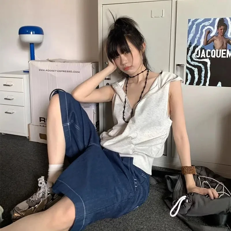 Damskie bluzy z kapturem w stylu casual, estetyka Y2K, letnia bluza bez rękawów na zamek błyskawiczny, vintage Harajuku, luźna kurtka z kieszeniami.