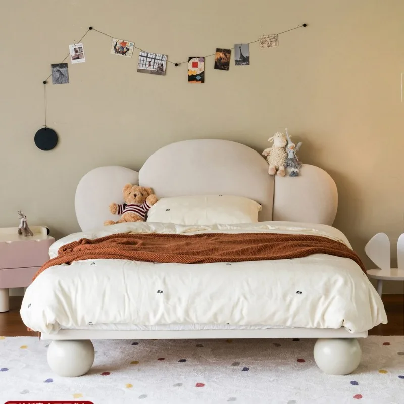 All solid wood fabric children's bed French cream wind pink second bedroom small apartment