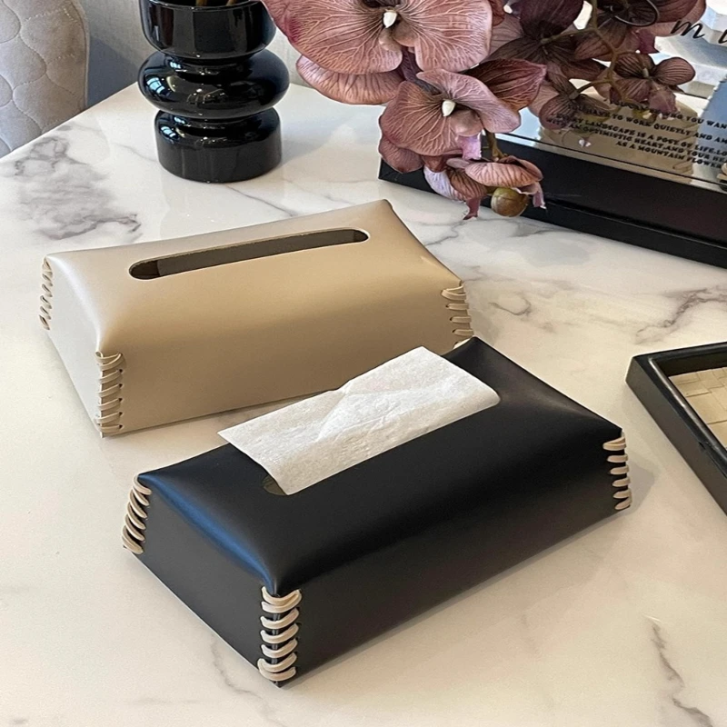 

Высококачественная черная кожаная тканая коробка для салфеток, легкие роскошные коробки для салфеток для гостиной, украшение для домашнего обеденного стола