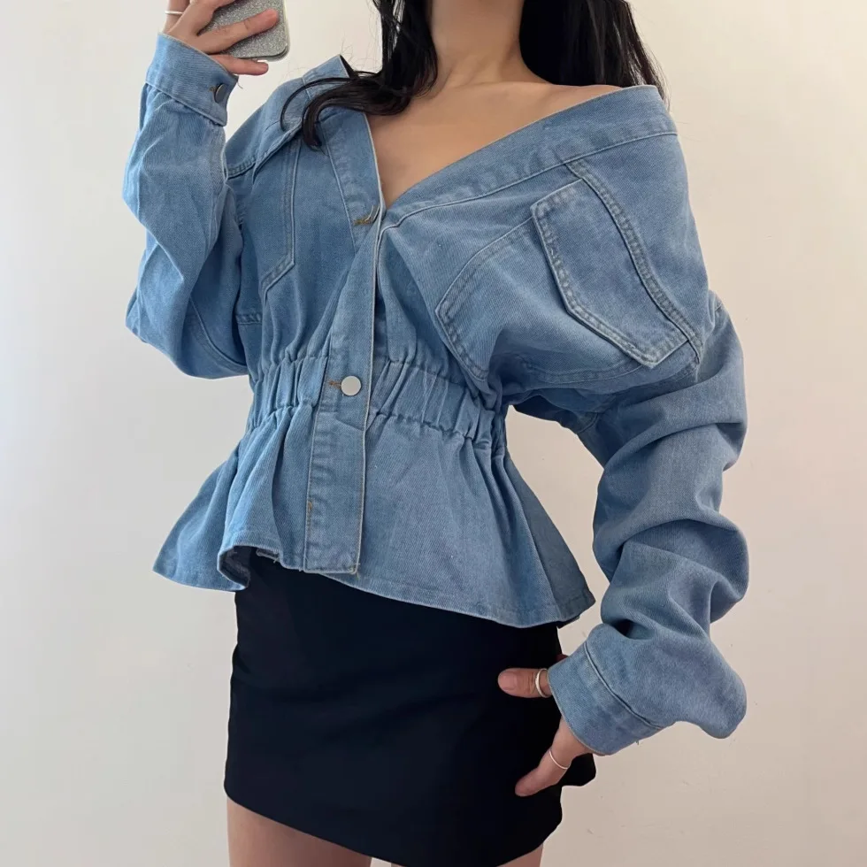 스파이스 걸 데님 허리 셔츠 여성 봄 신상 오프숄더 디자인 감각 큰 포켓 스티치 V넥 탑