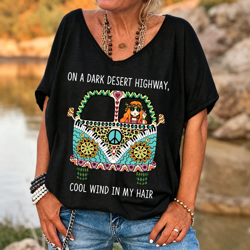 Ilstile Women's On A Dark Desert Highway Hippie Van T-Shirt Retro Peace Sign Print V-Neck Short Sleeve Loose Casual Top