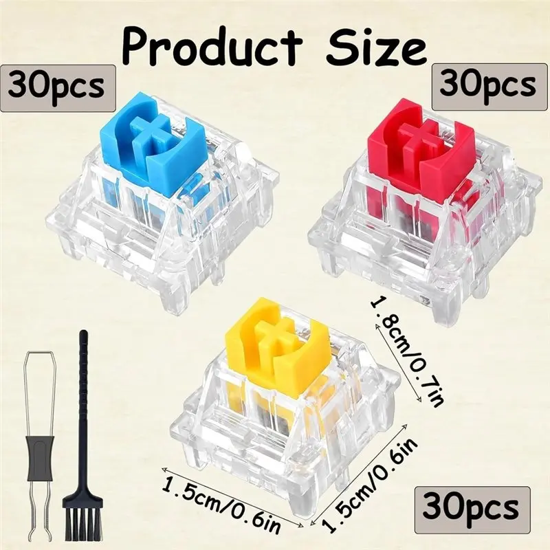 AT82-90PCS Keyboard Clickers Set With Tweezers And Brush, Clickers For 3D Printing, Keyboard Switches 30Blue +30Yellow +30Red view 6