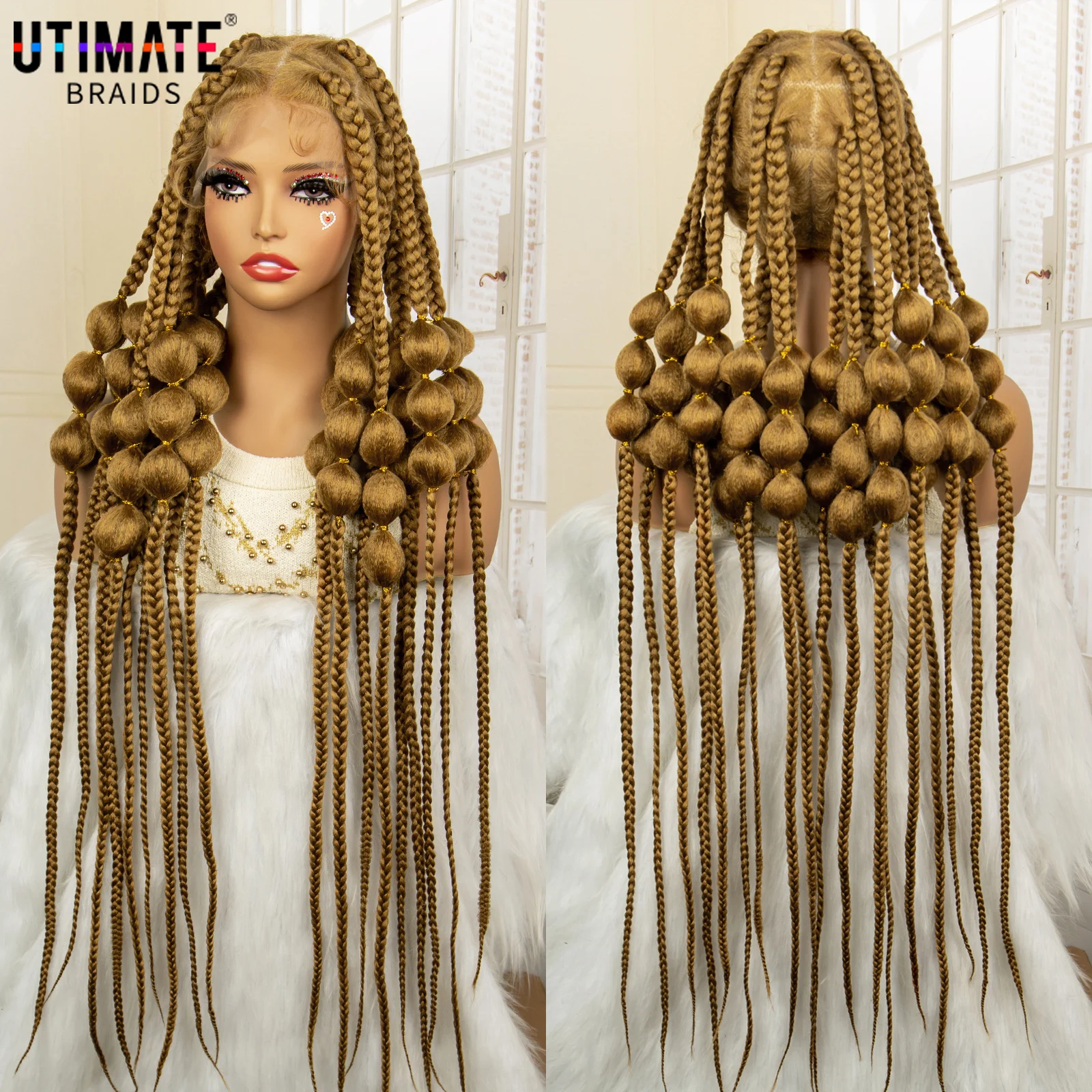 

Honey Blonde Full Lace Afro Bantu Braided Wigs Synthetic Knotless Box Braids Wis for African Black Women 40 Inches Braiding Wigs