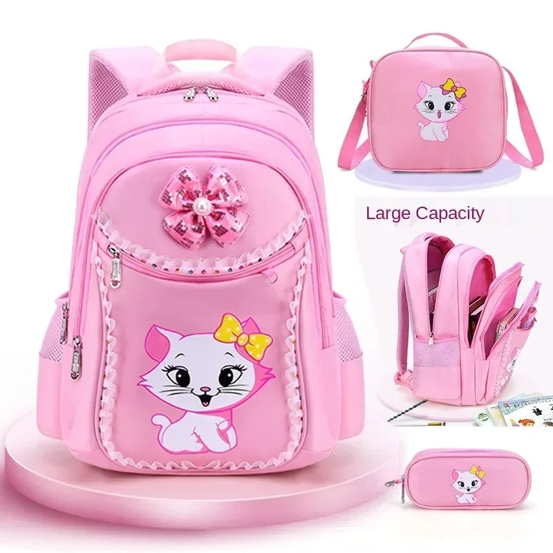 Children Backpack+Lunch Bag+Pencil Case Cute Cat Kid School Bag Backpack Girl Student Teenagers Waterproof Primary Bookbag