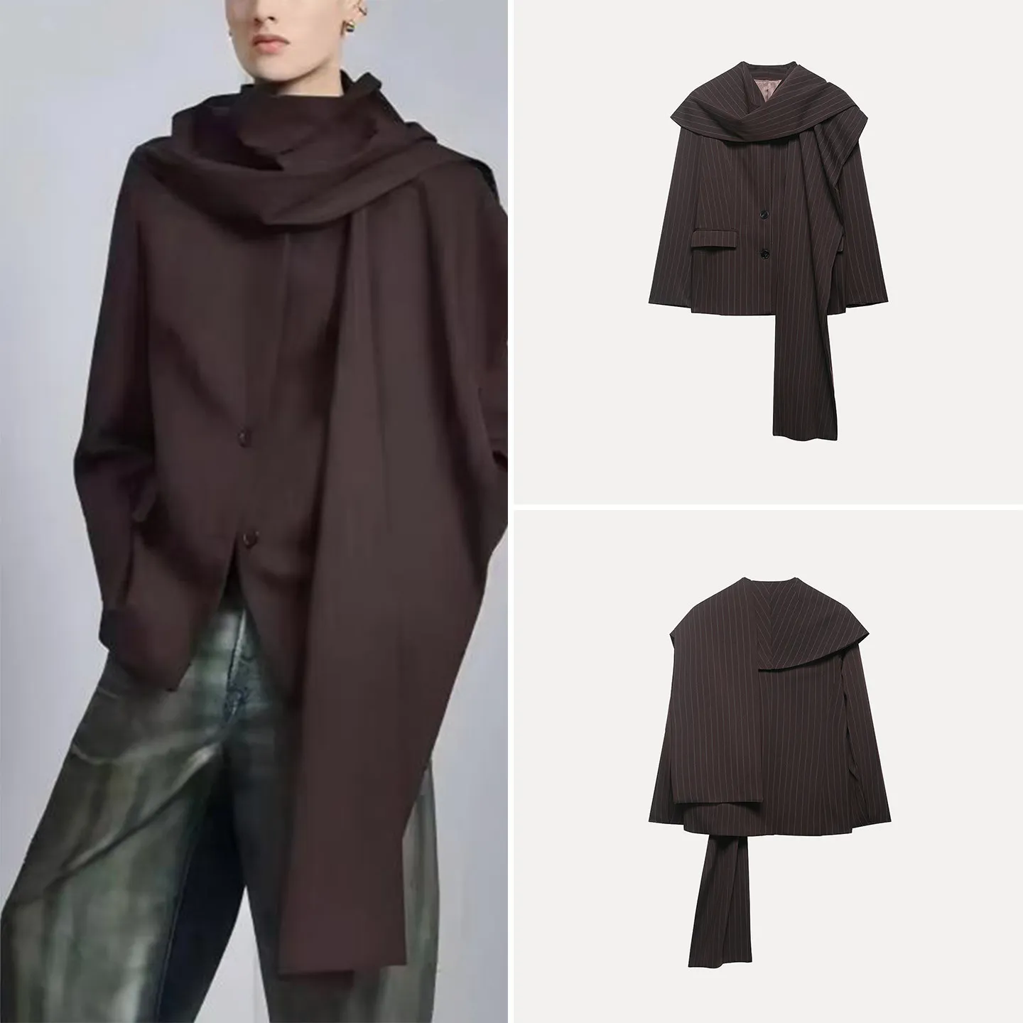 

Fashionable Striped Single-Button Scarf Collar Jacket Women's Casual Loose Fit Long Sleeve Spring Outerwear Simple Design