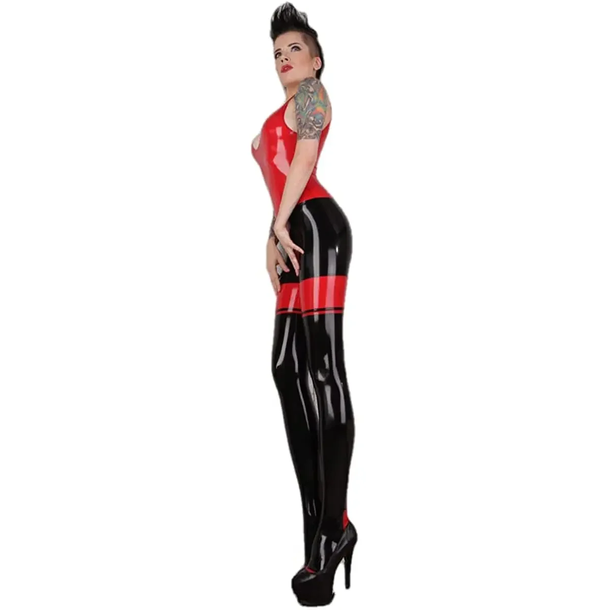 Fashion Latex Catsuit with Crotch Zipper Women Red and Black Sexy Sleeveless Rubber Bodysuit Plus Size