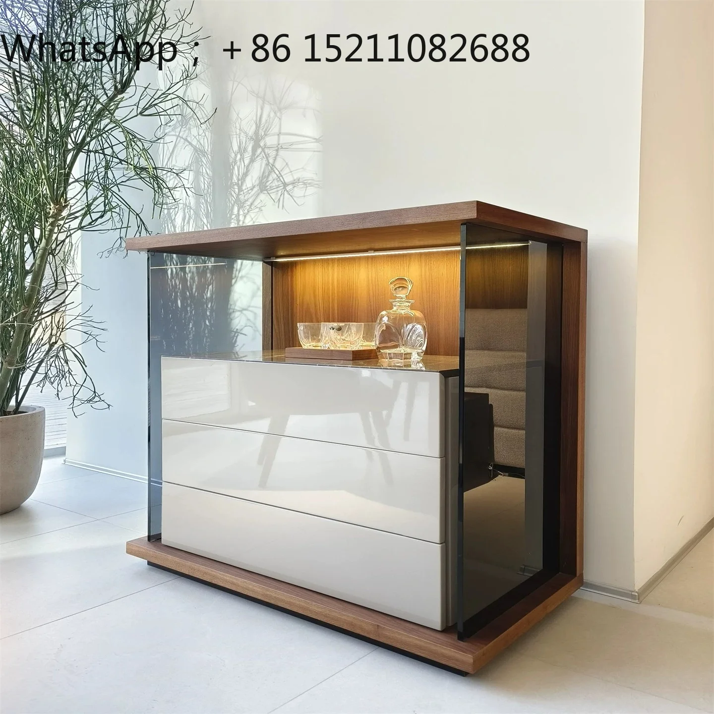 LLY New Chinese Modern Ash Wood Black Walnut Side Cabinet Home Hotel B & B Club Floor Storage Cabinet