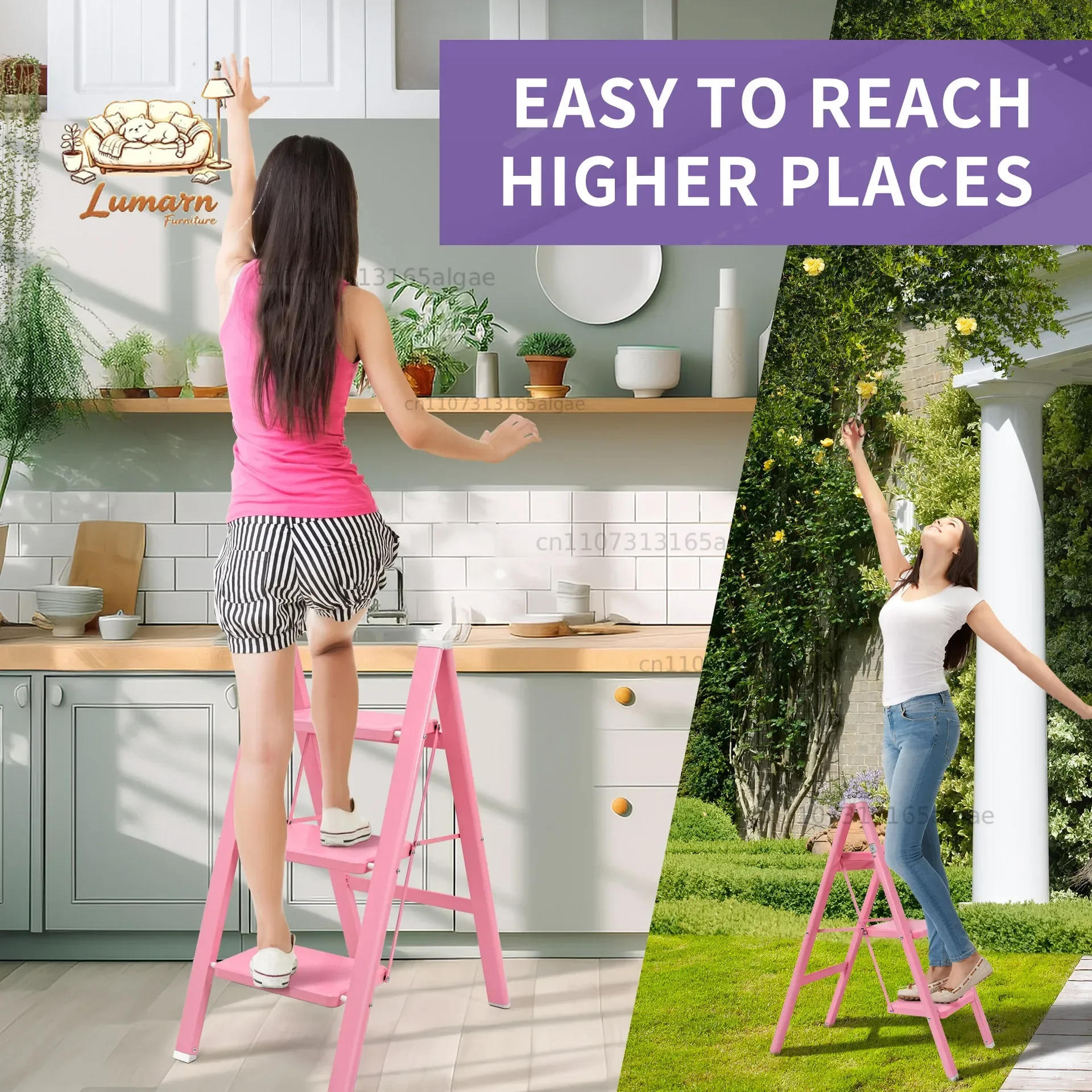 Durable Folding Pink Ladder Thickened Carbon Steel Herringbone Ladder Indoor Multifunctional Staircase Four-step Ladder Stool