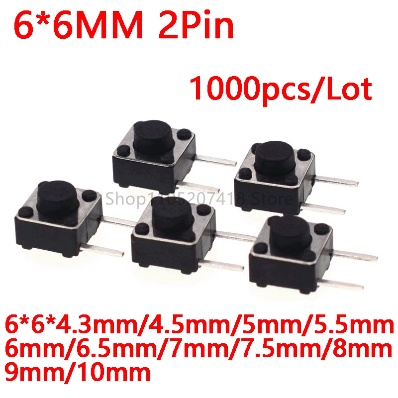 1000PCS/Lot 6x6(Side 2-Pin )Tact Switch 6*6*4.3/4.5/5/5.3/5.5/6/7/8/9/10mm Horizontal Type Copper Feet Micro Button Switch
