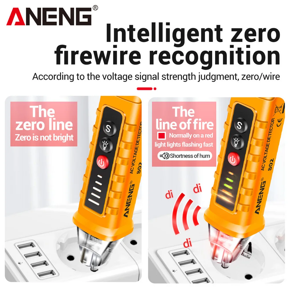 ANENG VD802 Portable Non-Contact AC Detector Tester NCV Sensitivity Pen Style Electric Indicator LED Voltage Meter Vape 12-1000v