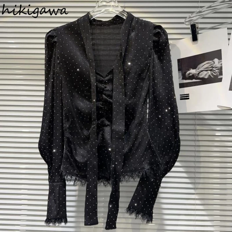 

2025 Camisas De Mujer Heavy Diamond Black Blouses Bandage Bow Long Sleeve Lace Temperament Tops Fashion Summer Blouse Shirts