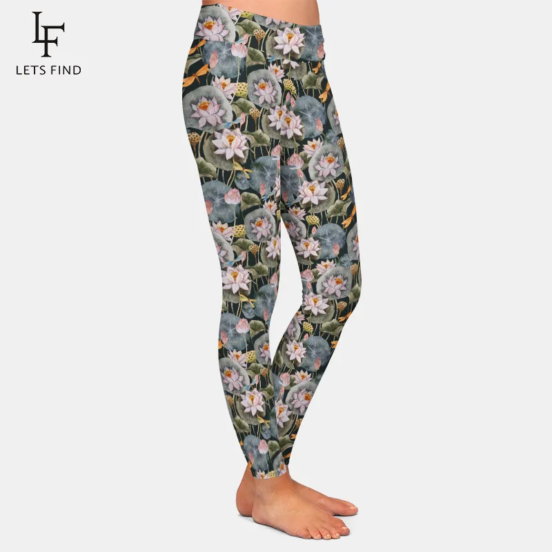 Letsfind Hoge Quaility Mooie Aquarel Lotus Print Vrouwen Leggings Fashion Hoge Wiast Soft Slim Fitness Leggings