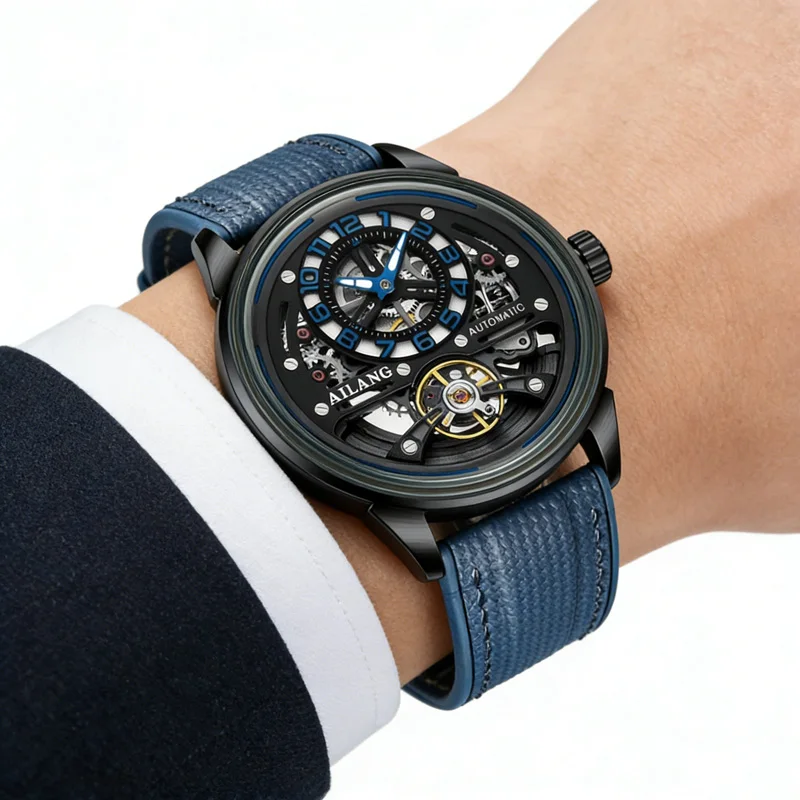 AILANG Skeleton Mechanical Tourbillon Watch Men Blue Rubber Strap Authentic Watch Waterproof Sports Fashion Style