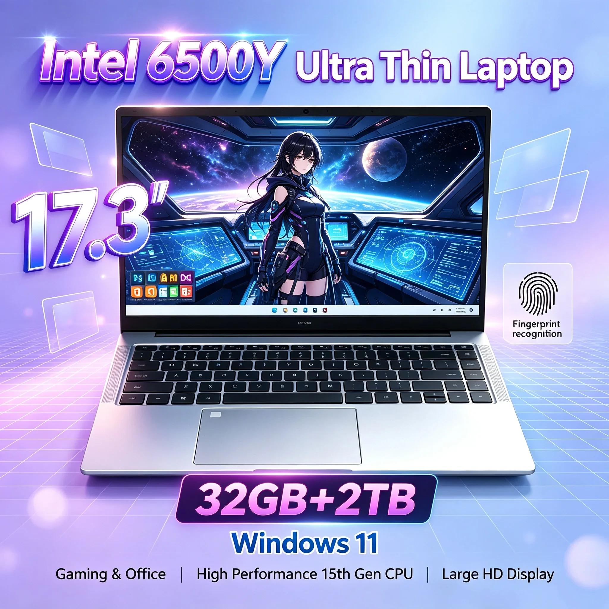 17.3'' Big HD Screen Laptop Intel 6500Y 32GB RAM 1TB/2TB SSD Win11 WiFi6 BT5.2 Portable Notebook for Office Daily Working Study