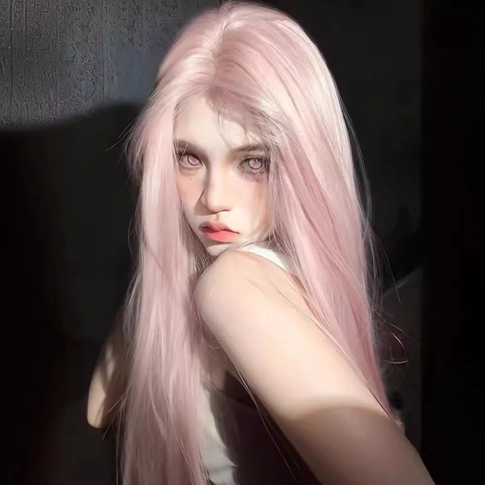 Long Pink Synthetic Wig with Middle Bangs Lace Front Straight Cosplay Costume Wigs for Women Natural Look Party Use