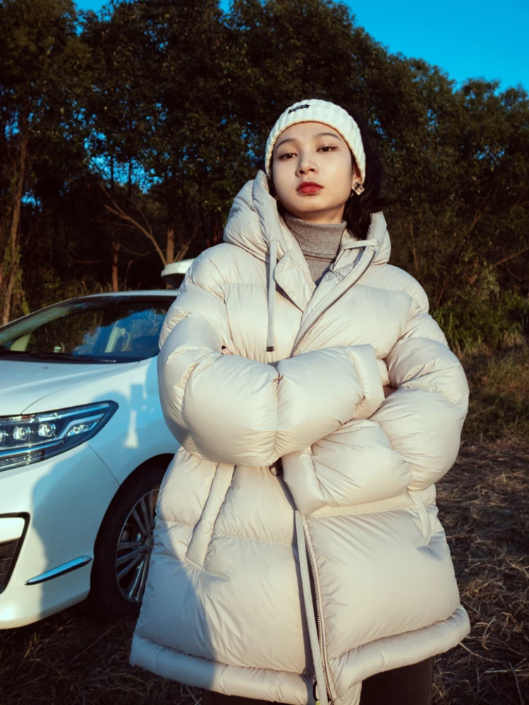 Medium-length Down Jacket Women 2024 New Thickened Warm Hooded White Duck Down Puffer Jacket Fashion Waist Slim Clothing Female