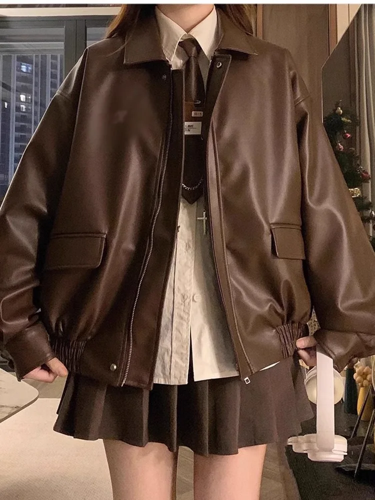 Women Short Coats Faux Leather Jackets Turn Down Collar Pu Coat Work Y2k Streetwear Jacket Zipper Outerwear Autumn Winter