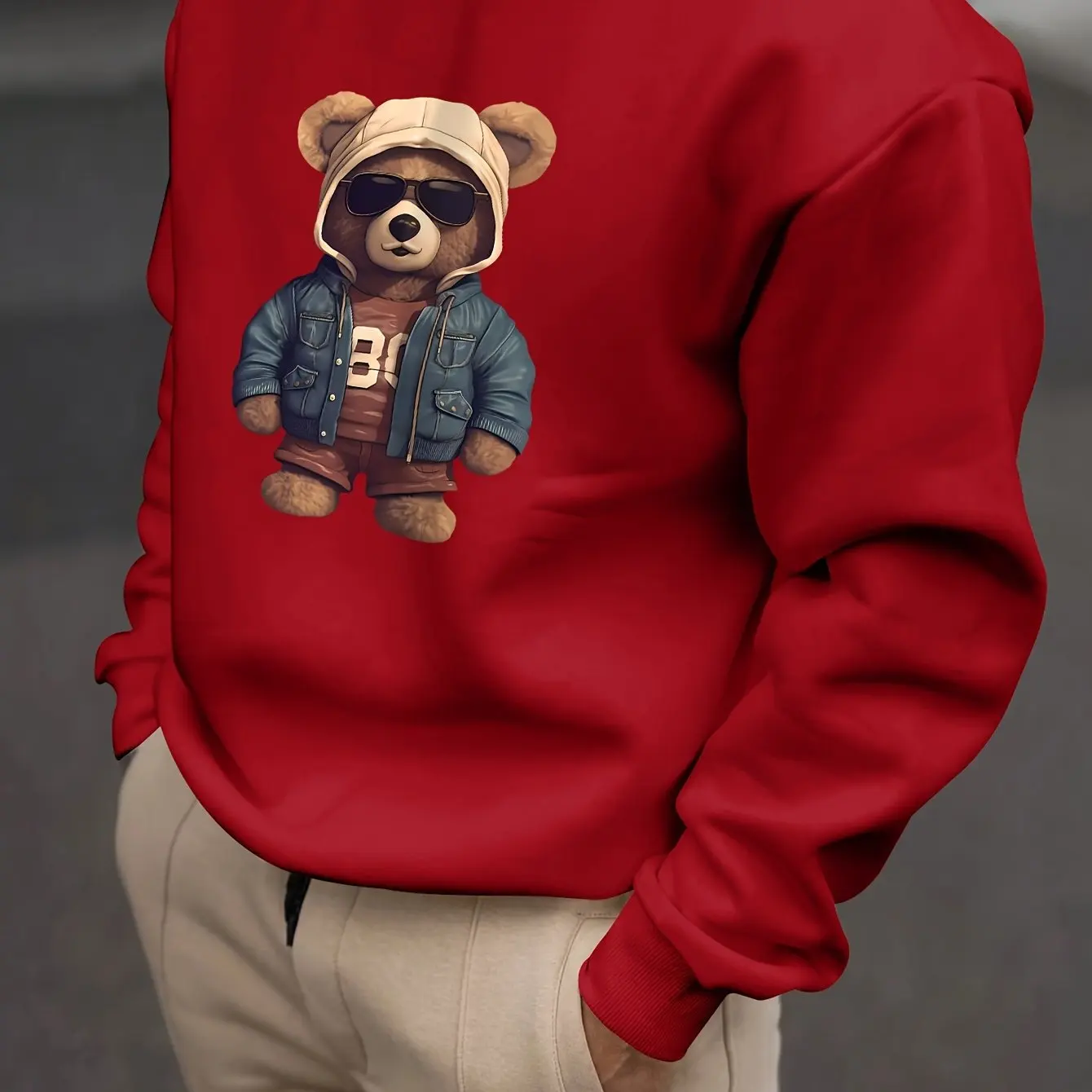 Fashion Cute Bear Graphic Men's Sweatshirts Autumn Loose Breathable Long Sleeve Clothes Simple Design Loose Round Neck Pullovers