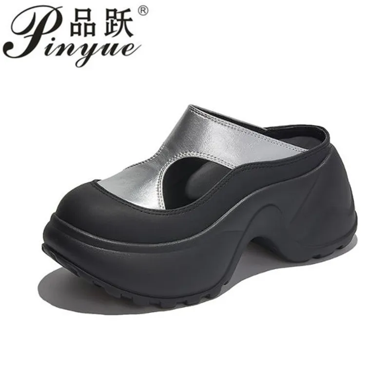 

8Cm Women's Fashion Slippers Package Head Silver and black women People Increase Height Sandals Lightweight Muffin Sandals 35-40
