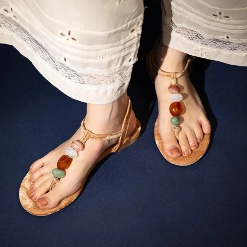 

String Bead Multi Color Sexy Female Sandals Clip Toe Flat with Buckle Strap Shallow Fashion Summer Slides Women Sandals
