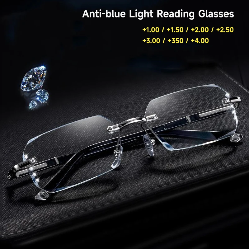 Fashion Rimless Diamond Reading Glasses Men Women Blocking Blue Light Readers Anti-blue Light Presbyopic Glasses
