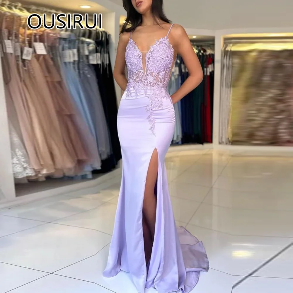 Fantastic V-neck Spaghetti Straps Satin Evening Party Gown with Lace Backless Court Sexy Mermaid Bridesmaid Gown Custom Made