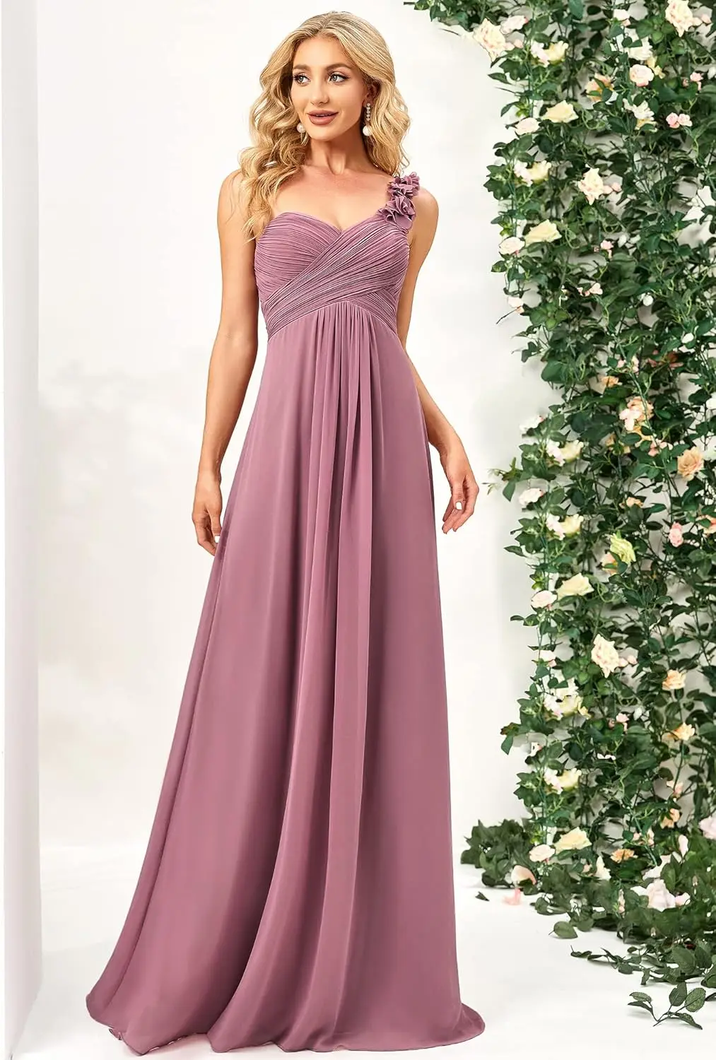 

Womens Elegant One Shoulder Empire Waist Flowy Maxi Bridesmaids Dress Bridesmaid Dresses wedding dress summer party prom fromal