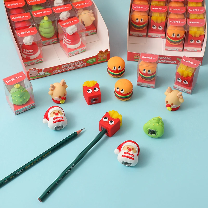 1X Cartoon Christmas Series Pencil Sharpener Creative Hamburger Pencil Sharpener Cute Students Stationery Office School Supplies