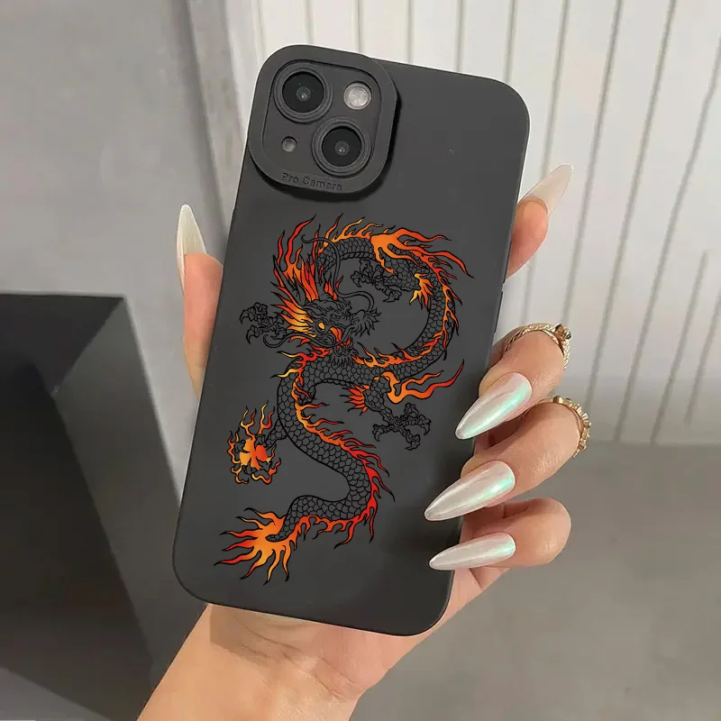 Black Dragon Print Matte Silicone Case For iPhone 15 Pro Max Cases iPhone 14 13 12 11 XS Max XR X 7 8 15 Plus Soft Bumper Cover