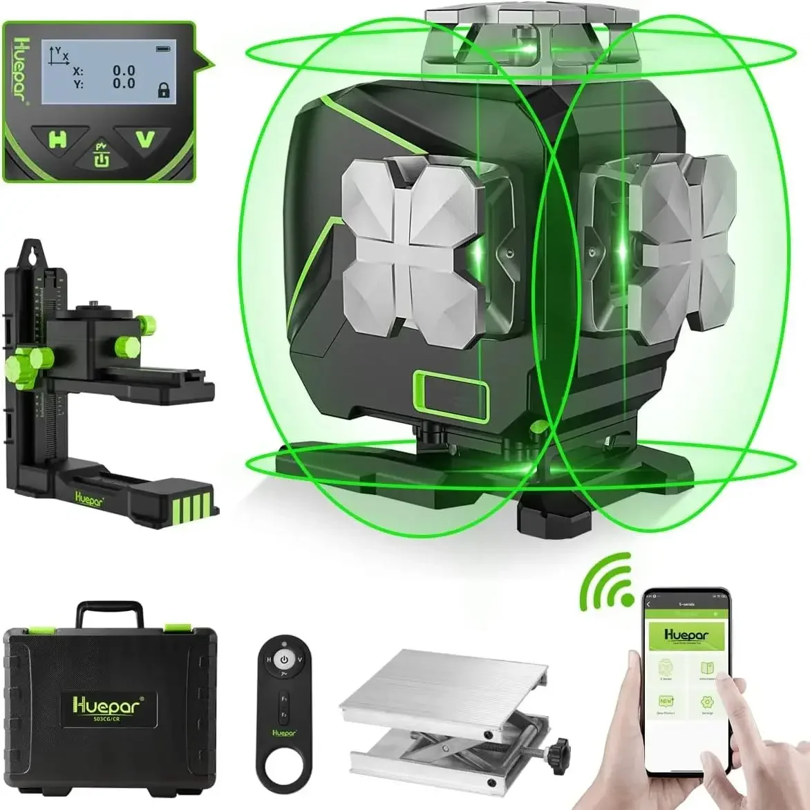 Huepar niveau Laser croisé 4D 16 lignes Bluetooth et fonctions de télécommande lignes de faisceau vert avec étui de transport dur outils S04CG