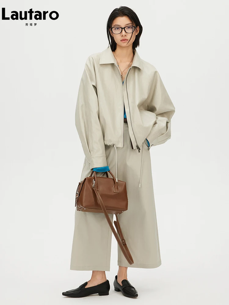 Chaqueta Corta de Cuero Sintético Verde para Mujer, Marca Lautaro, Primavera-Otoño 2026, con Cierre, Diseño de Lujo, Estilo Coreano Informal y Holgado