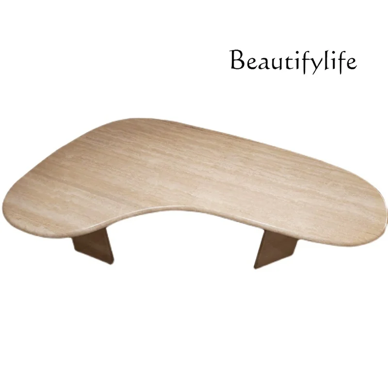 

Modern simple natural marble dining table light luxury creative travertine hotel villa