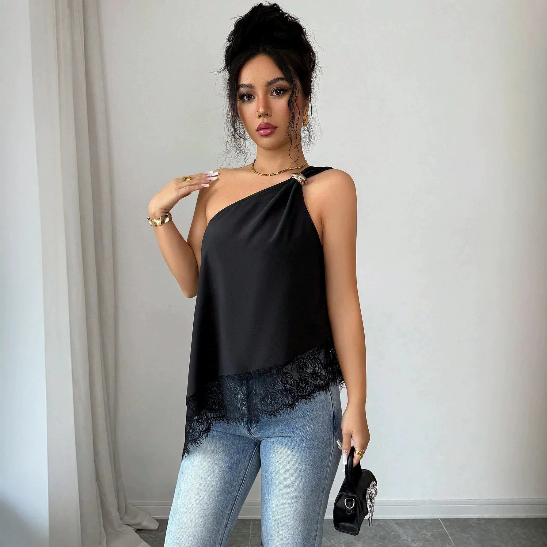 Women's New One Shoulder Metal Buckle Satin Lace Hem Loose Fit Comfortable Casual Versatile Trendy Commuter Sleeveless Tank Top
