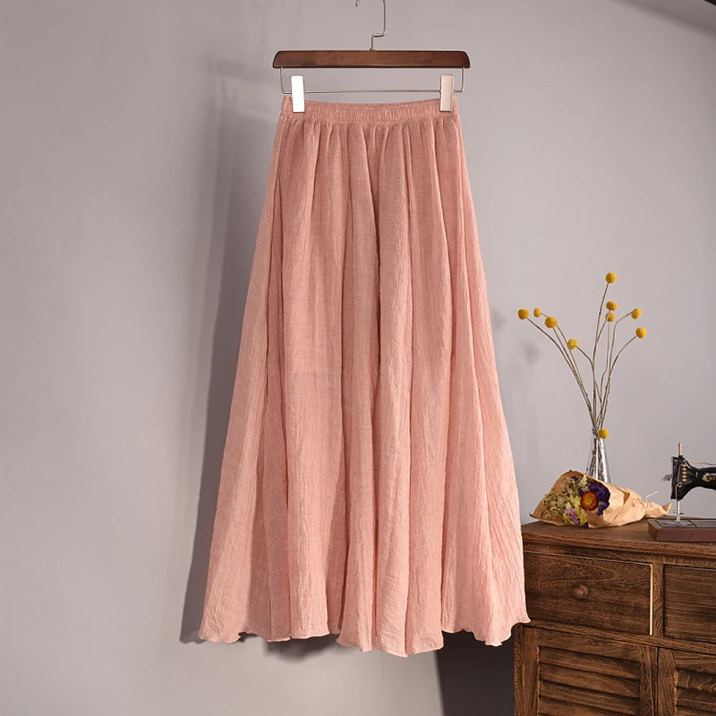 Women Long Skirt Mid-calf Casual Linen Summer Elastic Waistband One Size Expansion Hemline Lined Skirts All-match