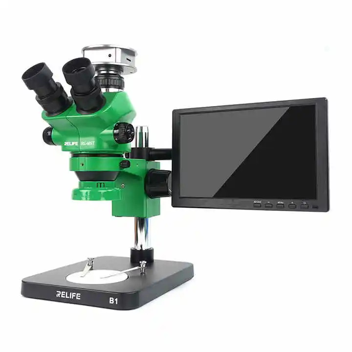 

RELIFE RL-M5T-B1 Trinocular Stereo Microscope+RL-033D Light Source+0.5CTV Adapter+MC1 4K HD for Mobile Phone PCB Repair