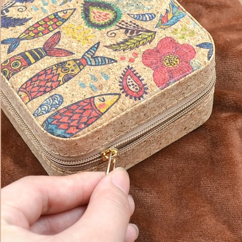 Kurkhout Sieraden Opbergdoos Vierkante vorm met Rits Cosmetische Houder Dubbele Doos Bedrukte Ketting Vitrine Reisbenodigdheden