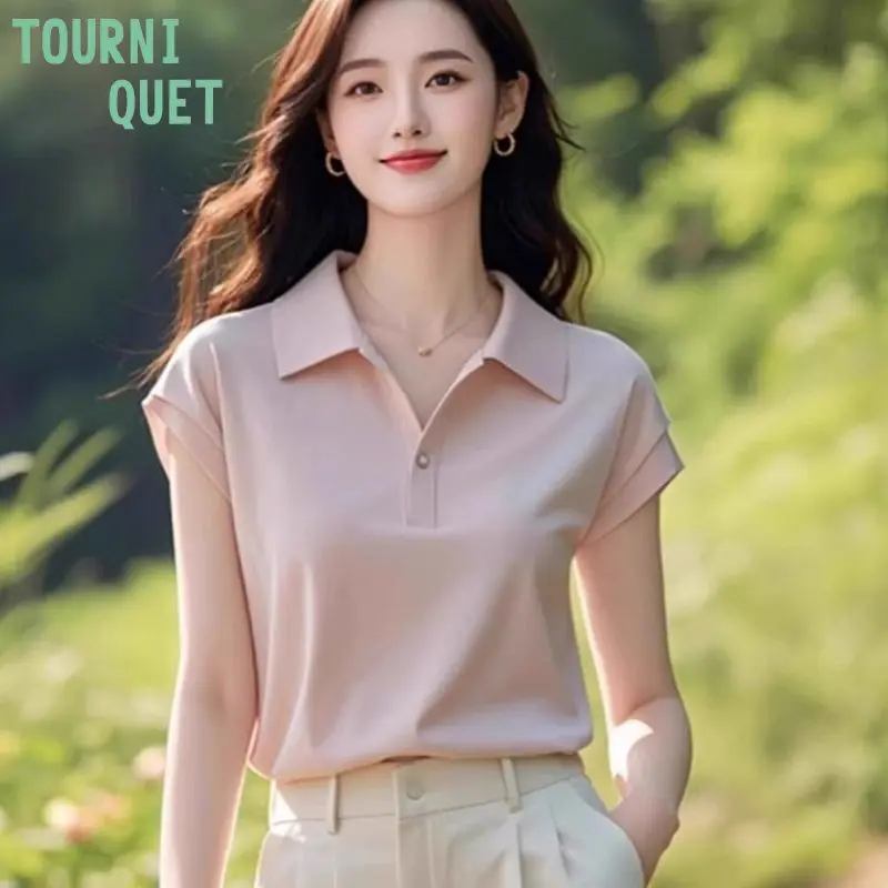 

2024 Summer Mint Wave Collared T-Shirt Women's Crisp Shoulder Ice Silk Top Light Mature & Youthful Loose Fit Tee Hot Sale New